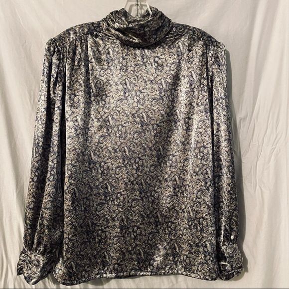 vtg 80s•satin blouse with high ruffled neck - Picture 2 of 10